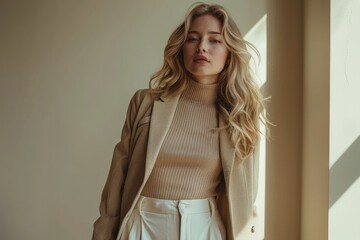 Stylish woman in a beige blazer, knit top, and white pants, showcasing mix of elegance and casual style.