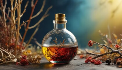 Poster - Herbal Infusion in Glass Bottle with Dried Flowers.