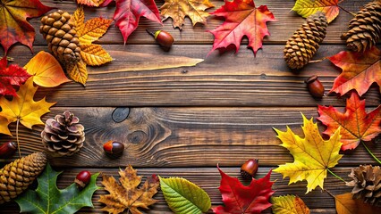 Sticker - Vibrant autumn leaves, pinecones, and acorns scattered on a wooden surface , Fall, Thanksgiving, Autumn, Leaves, Pinecones