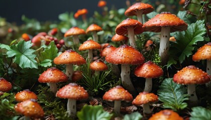 Poster - Close-up of Red Mushrooms in a Forest Setting.