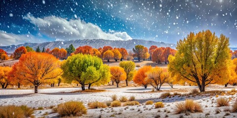 Poster - Snow falling in a desert landscape with vibrant trees , snowfall, desert, trees, cold, winter, unique, rare, beauty