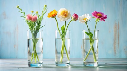 Sticker - Three glass vases filled with water, each adorned with a bouquet of flowers, glass vases showing flower stems , vases