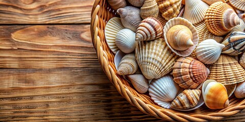 Canvas Print - Shells arranged neatly in a woven basket , beach, seashells, decorative, natural, ocean, collection, assortment