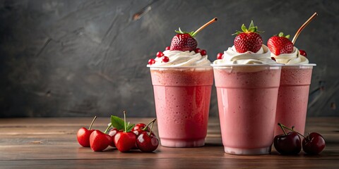 Sticker - Two delicious milkshake drinks with strawberries and cherries on top being taken away in a red to-go cup , milkshake