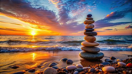 Sticker - Stones pyramid balancing on the seashore during a colorful sunset, stones, pyramid, seashore, sunset, balance, serene, tranquil