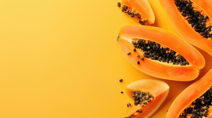 Sticker - Top down view of papaya slices on a yellow backdrop with room for text