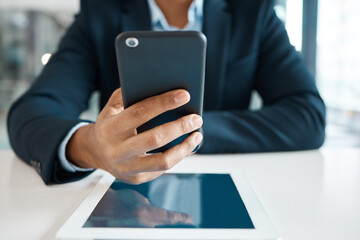 Poster - Businessman, closeup and hand with phone for working online, email notification and tablet for research in office. Financial advisor, mobile and internet for economy news, fintech and investing app