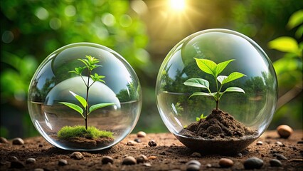 Two seedlings, one inside a glass globe and one outside, symbolizing protection and growth in nature , protection, growth