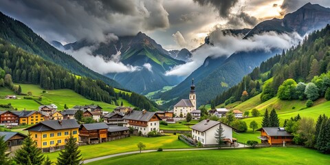 Wall Mural - Trins mountaineering village in Gschnitztal valley with rainy sky in Tyrol, Austrian Alps, Trins, mountaineering