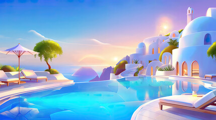 a fancy hotel with swimming pools on santorini coast, 3d illustration