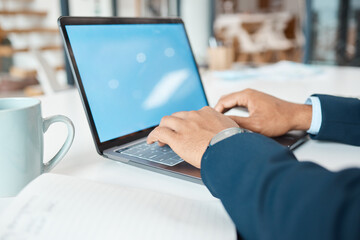 Aufkleber - Hands, businessman and laptop screen at desk for research, planning and stock market in workplace. Financial advisor, typing and trading for sales, career and technology in office for mockup space