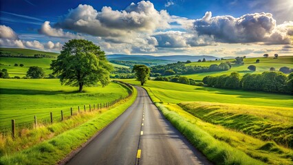 Poster - Scenic country road cutting through lush green field, rural, landscape, countryside, peaceful, agriculture, nature