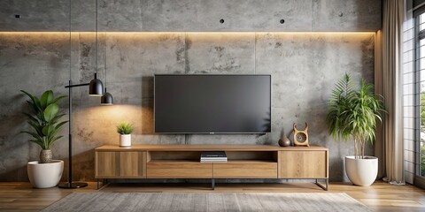 Wall Mural - Smart TV mockup hanging on concrete wall in modern luxury interior, smart TV, mockup, hanging, concrete wall