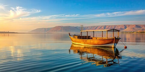 Poster - Soft morning light illuminating a wooden boat on the Sea of Galilee , sunrise, sea, Galilee, wooden boat, soft light, morning