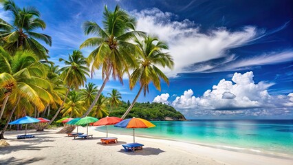 Sticker - Tropical beach with clear blue water, white sandy beach, palm trees, and colorful umbrellas, paradise, vacation, relaxation