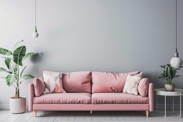 Wall Mural - Minimalist Living Room with Pink Sofa and Grey Walls