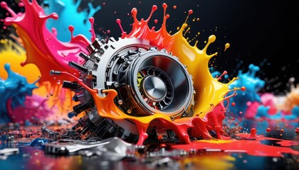 Wall Mural - Abstract Machine with Colorful Paint Splashes.