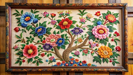 Wall Mural - Traditional Korean embroidery artwork displayed on a wall , Korean, embroidery, traditional, artwork, needlework, framed