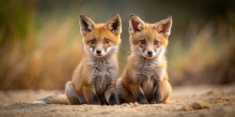 Poster - Two red fox kits sitting close together on sand, red fox, kits, animals, wildlife, cute, playful, young, siblings, nature, outdoors