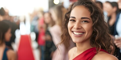 Wall Mural - Middle-Aged Women Excitedly Walking the Red Carpet Leading into a Theater in Frontal Photo. Concept Celebrity Fashion, Red Carpet Glamour, Theatre Entrance, Middle-Aged Women, Excitement