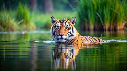 Wall Mural - tiger swimming in a tranquil lake, tiger, water, swimming, wildlife, predator, nature, wild, feline,