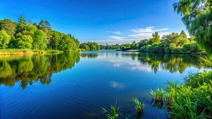 Wall Mural - Serene lake surrounded by lush greenery with a clear blue sky reflection , tranquil, waterscape, nature, landscape