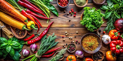 Sticker - Vibrant array of farm-fresh vegetables, herbs, and spices on a rustic wooden table, harvest, colorful, cooking, background