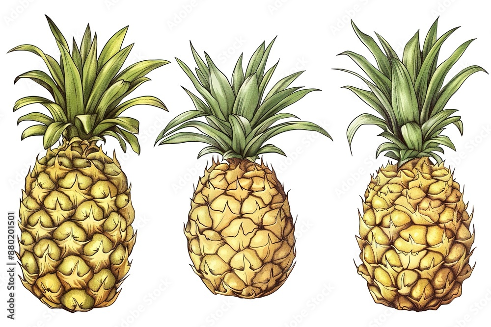 watercolor hand drawn illustration of pineapple with half and slices ...