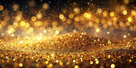 Canvas Print - Shiny flow of glitter particles with bokeh golden background on dark backdrop, glitter, particles, bokeh, golden, background