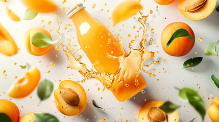 Poster - Apricot juice bottle with apricot slices and juice splashes