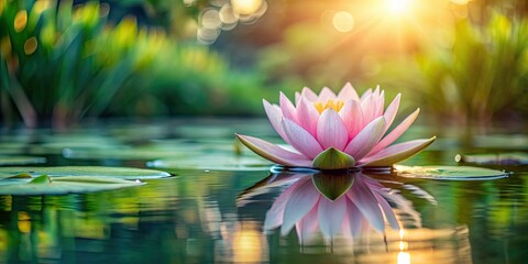 Poster - Tranquil image of a calming lotus floating in a serene pond, peaceful, zen, meditation, water lily, relaxation, tranquil