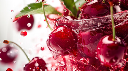 Canvas Print - Cherry jam jar with fresh cherries, leaves, and jam splashes