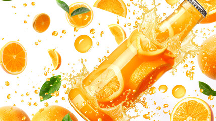 Canvas Print - Orange Juice bottle or pack with orange slices and splash