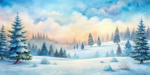 Sticker - Watercolor winter landscape template with empty space, snow, trees, painting, abstract, creative, cold, mountains, season