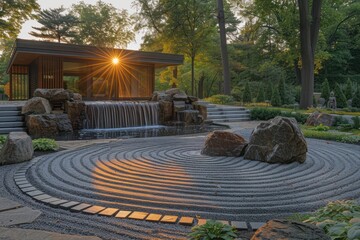 Wall Mural - A serene Zen garden enveloped in the tranquility of dawn, where meticulously raked gravel patterns lead to a meditative rock garden and cascading waterfall.