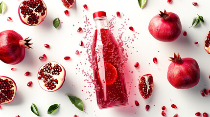 Sticker - Pomegranate juice bottle with pomegranate seeds, leaves, and juice splashes and drops