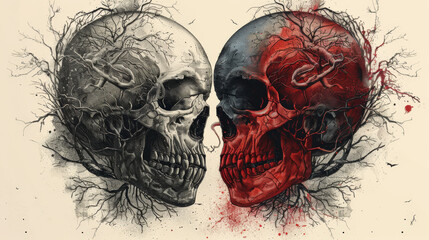 Wall Mural - abstract depiction of a heart and a skull intertwined, using minimalistic shapes and lines to explore the connection between life and death