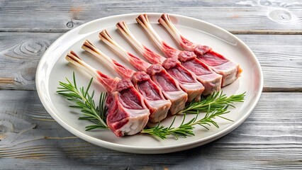 Sticker - Uncooked rack of lamb on a white plate, raw, meat, lamb, dinner, gourmet, ingredient, culinary, fresh, butcher, rack, food