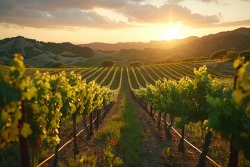 Wall Mural - A sun-drenched vineyard nestled among rolling hills, where rows of grapevines bask in the warm glow of afternoon sunlight and the air is heavy with the scent of ripening fruit. 