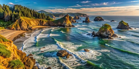 Sticker - Scenic view of rugged rocky coast in Oregon, rocky, coast, shoreline, rugged, Oregon, scenic, waves, Pacific Ocean