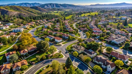 Serene daytime aerial view of sprawling suburban houses, lush greenery, and winding roads in Winchester, Southern California.