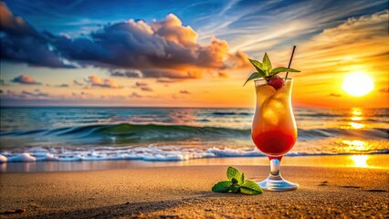 Canvas Print - Tropical mocktail cocktail on a sandy beach at sunset, tropical, mocktail, cocktail, beach, sunset, drink, refreshing