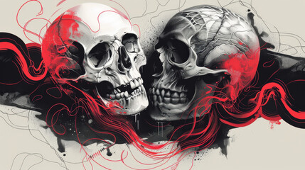 Wall Mural - abstract depiction of a heart and a skull intertwined, using minimalistic shapes and lines to explore the connection between life and death