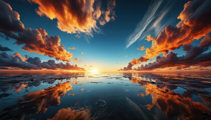 Wall Mural - Fiery Sunset Reflected in Calm Waters.