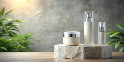 Poster - Three cosmetic beauty containers on stone pedestal with natural light , beauty, cosmetic, containers, skincare