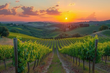 Wall Mural - A sun-kissed Tuscan vineyard nestled among rolling hills and ancient olive groves, where rows of grapevines stretch towards the horizon beneath a sky ablaze with the colors of sunset. 