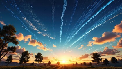 Poster - Sunset with Contrails and Trees.