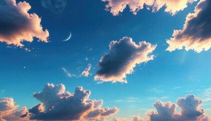 Wall Mural - Beautiful Sunset Sky with Clouds and a Crescent Moon