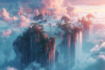 Wall Mural - A surreal dreamscape of floating islands suspended in a pastel-colored sky, where fantastical creatures roam amidst cascading waterfalls and lush, verdant forests. 