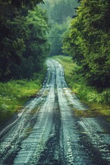Poster - A scenic view of a wet road surrounded by trees in a forest